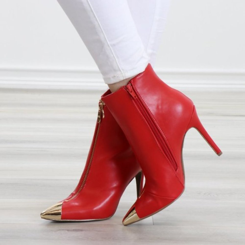 Ankle Red Boots Faux Leather Gold Pointy Toe - Picture 10 of 14